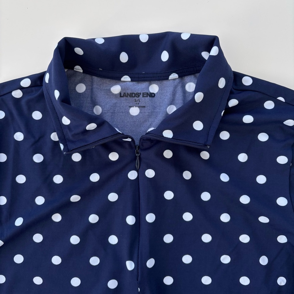 Lands' End Women's Navy Blue White Polka Dot Long Sleeve Tunic Rash Guard SMALL - Picture 3 of 7